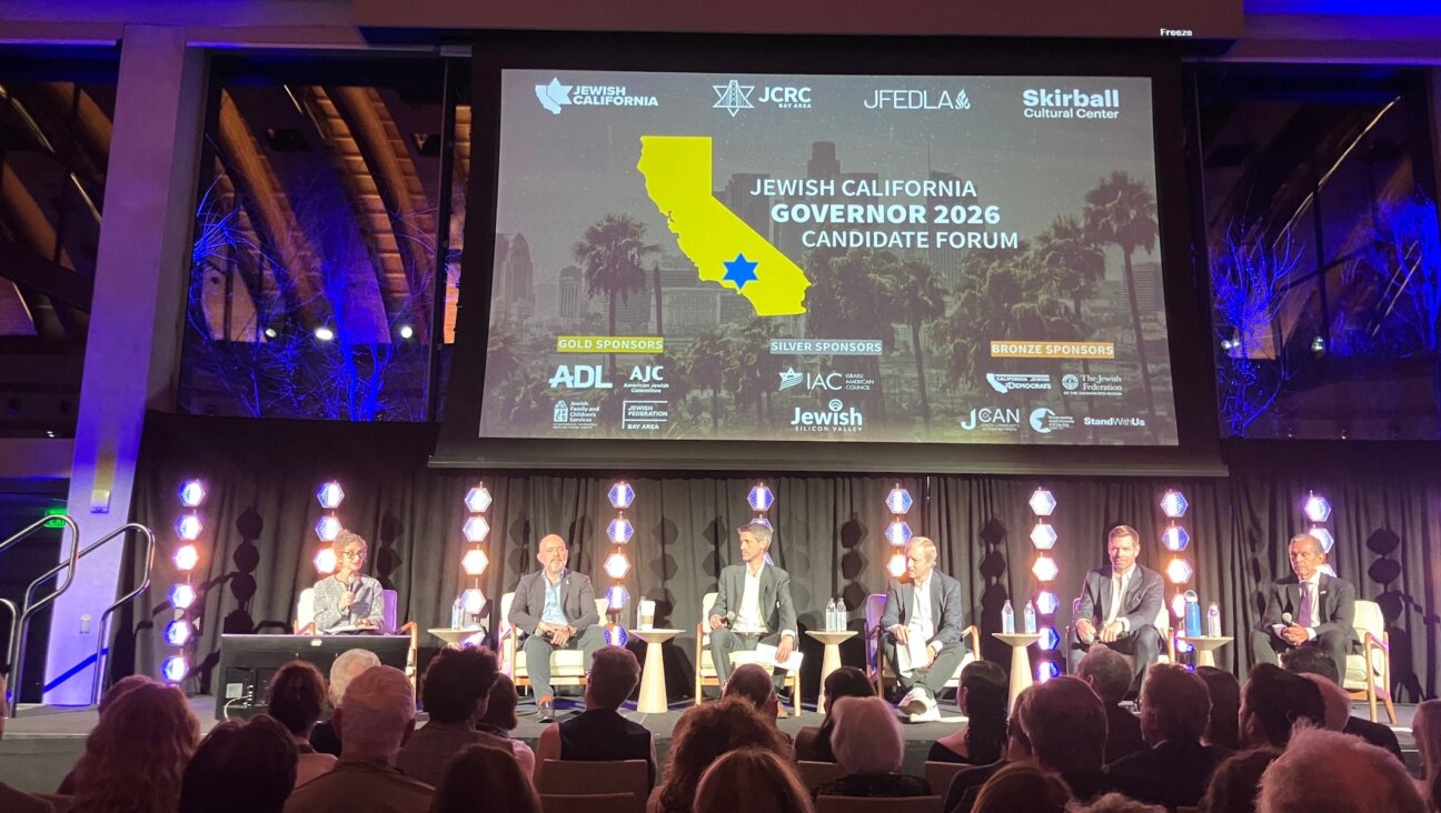 Five California gubernatorial candidates — from left, Steve Hilton, Matt Mahan, Tom Steyer, Eric Swalwell and Antonio Villaraigosa — appear on stage at the Jewish California Governor Candidate Forum at the Skirball Cultural Center in Los Angeles, where antisemitism emerged as a defining issue in the 2026 race. 