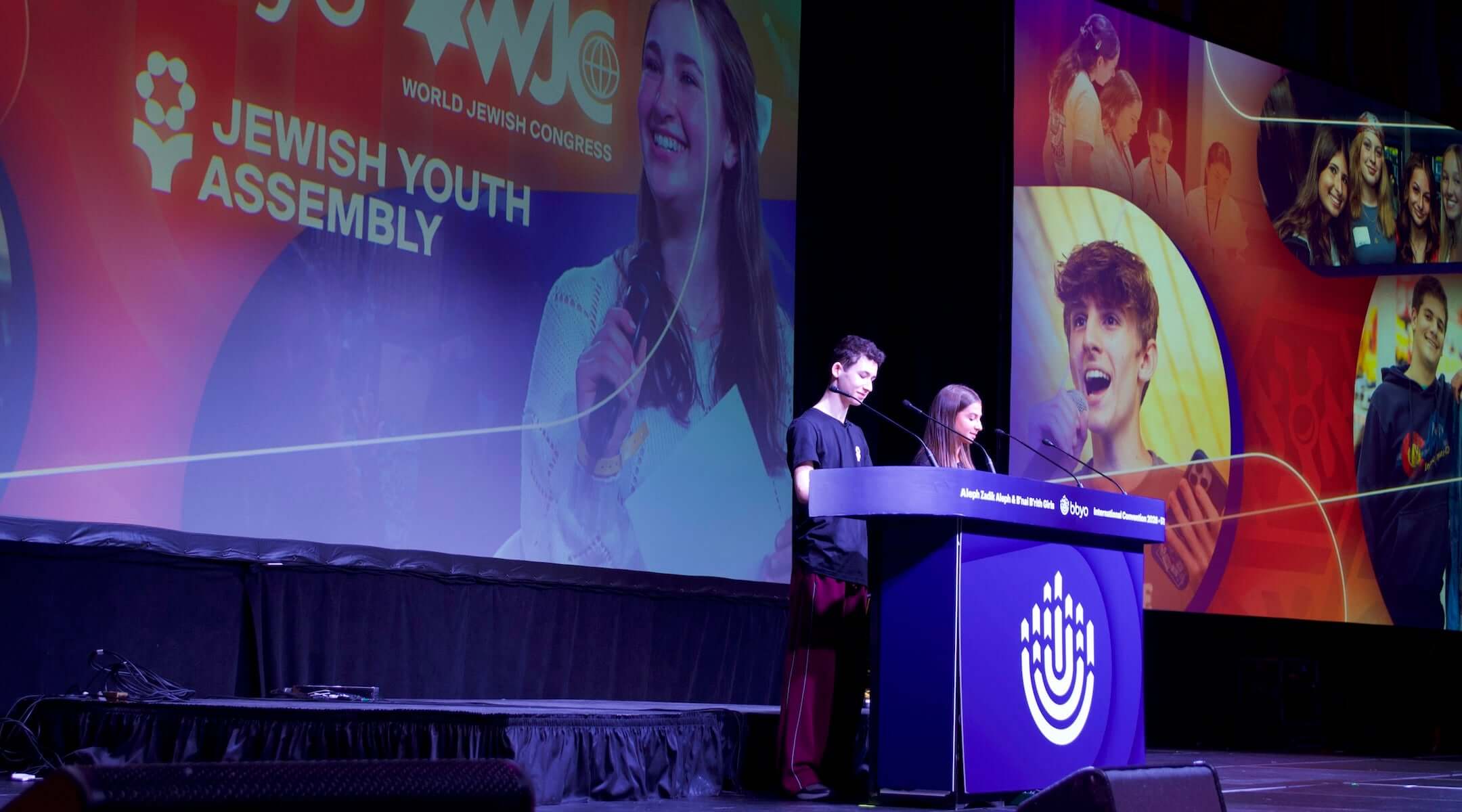 Leo Coen and Raquel Rogoff present the Jewish Youth Assembly resolution at the BBYO International Convention on Feb. 14, 2026.