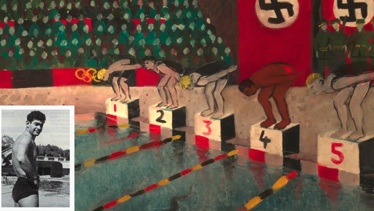 Artem “Alfred” Nakache (inset), a Jew who swam for France at the 1936 Berlin Olympics, is depicted in lane 4 in the animated short film ‘Papillon.’ (Wikimedia Commons; Sacrebleu Productions and XBO Films)