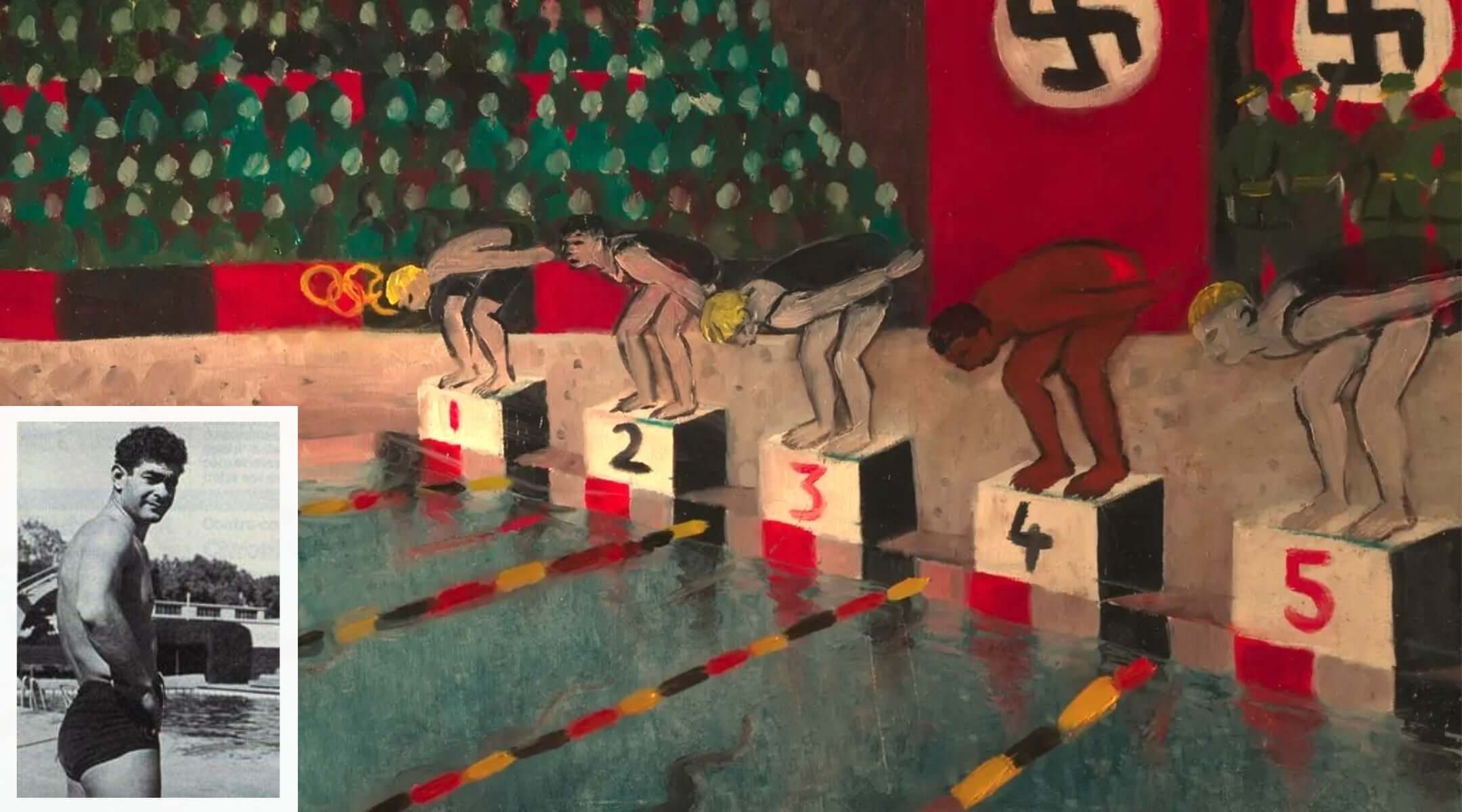 Artem “Alfred” Nakache (inset), a Jew who swam for France at the 1936 Berlin Olympics, is depicted in lane 4 in the animated short film ‘Papillon.’ (Wikimedia Commons; Sacrebleu Productions and XBO Films)
