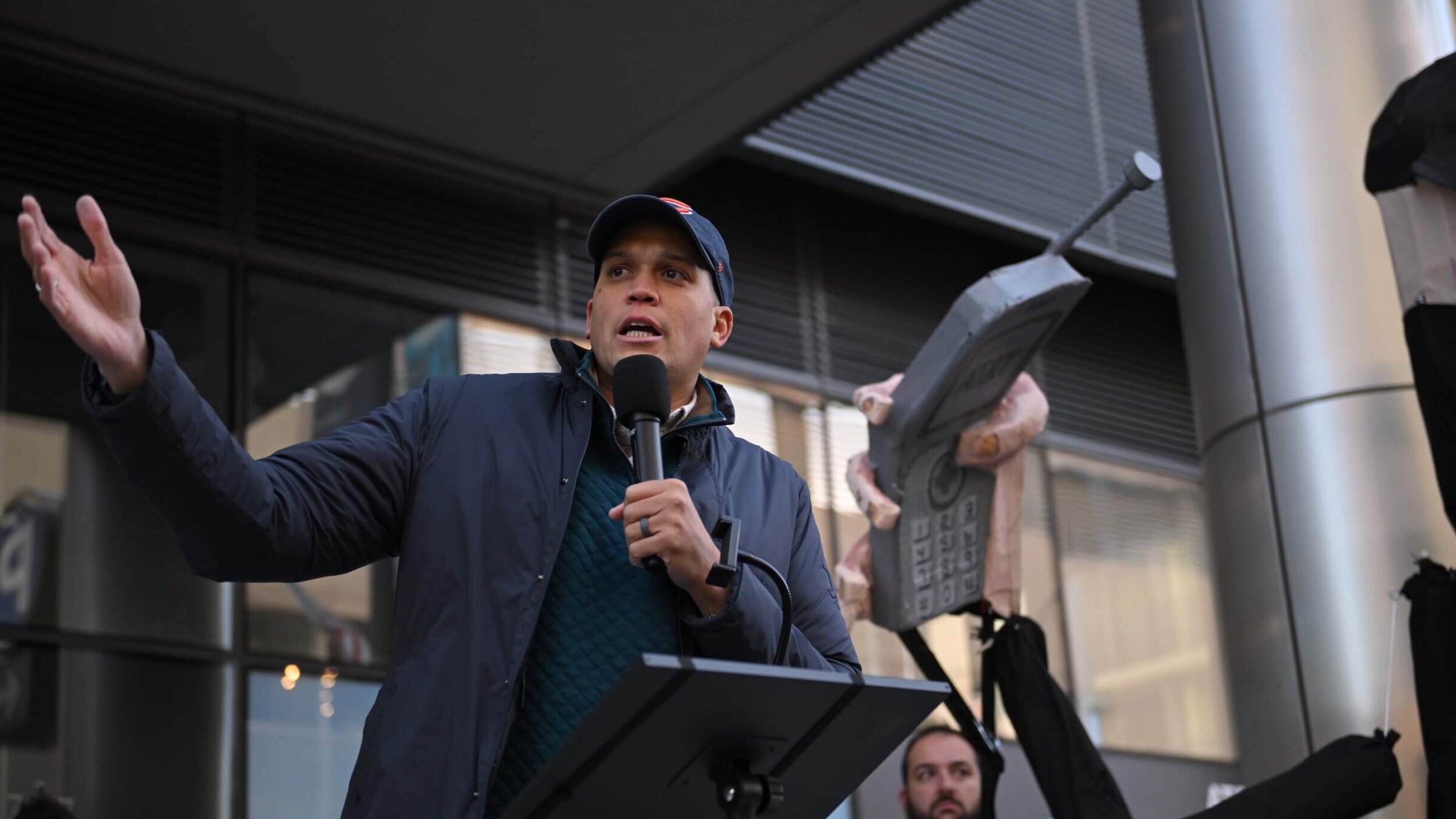 Illinois State Sen. Robert Peters speaks during a protest in Chicago to hold AT&T accountable for contracts with DHS, CBP, and ICE on Nov. 16, 2025. 