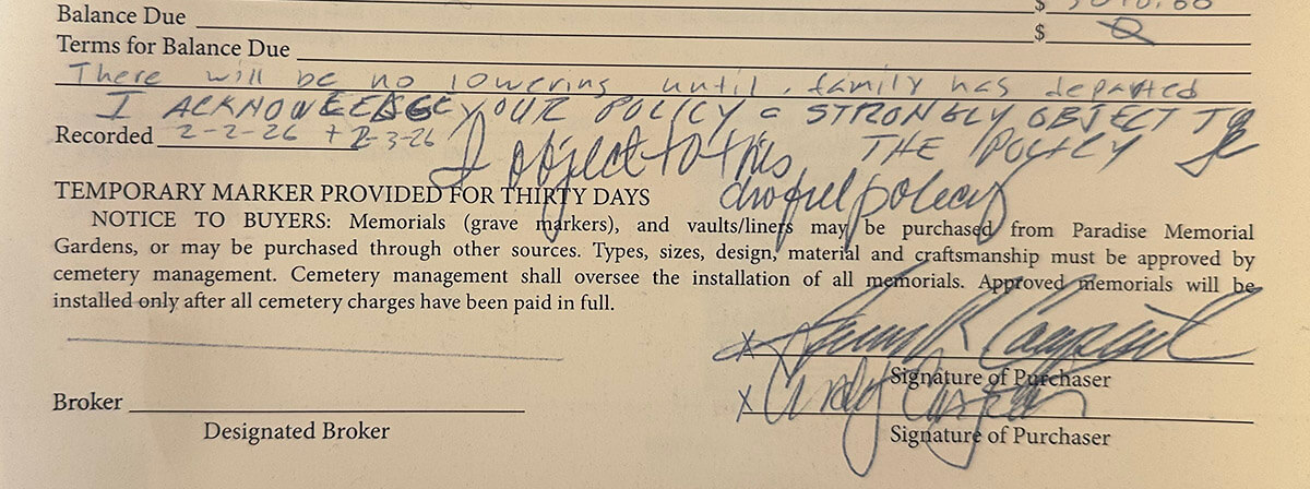 The bottom of the contract for the funeral of Cortney Carpenter includes handwritten notes from her parents and the cemetery.