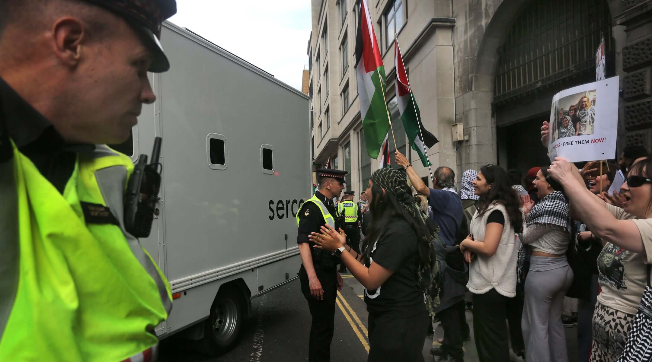 Supporters gather outside the Old Bailey in solidarity with the Palestine Action prisoners being accused under counter terrorism powers of destroying Israeli weaponry being made at Elbit Systems’s Filton facility in Bristol.
