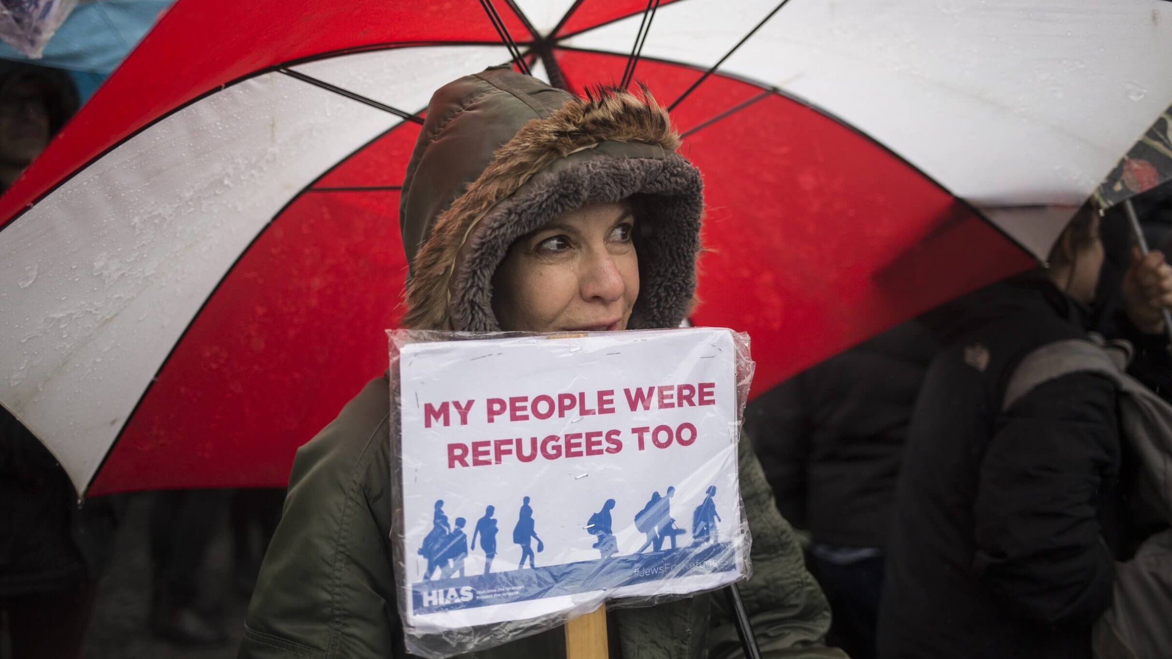 A February 2017 rally organized by HIAS, the global Jewish nonprofit that protects refugees, against President Donald Trump's immigration ban.