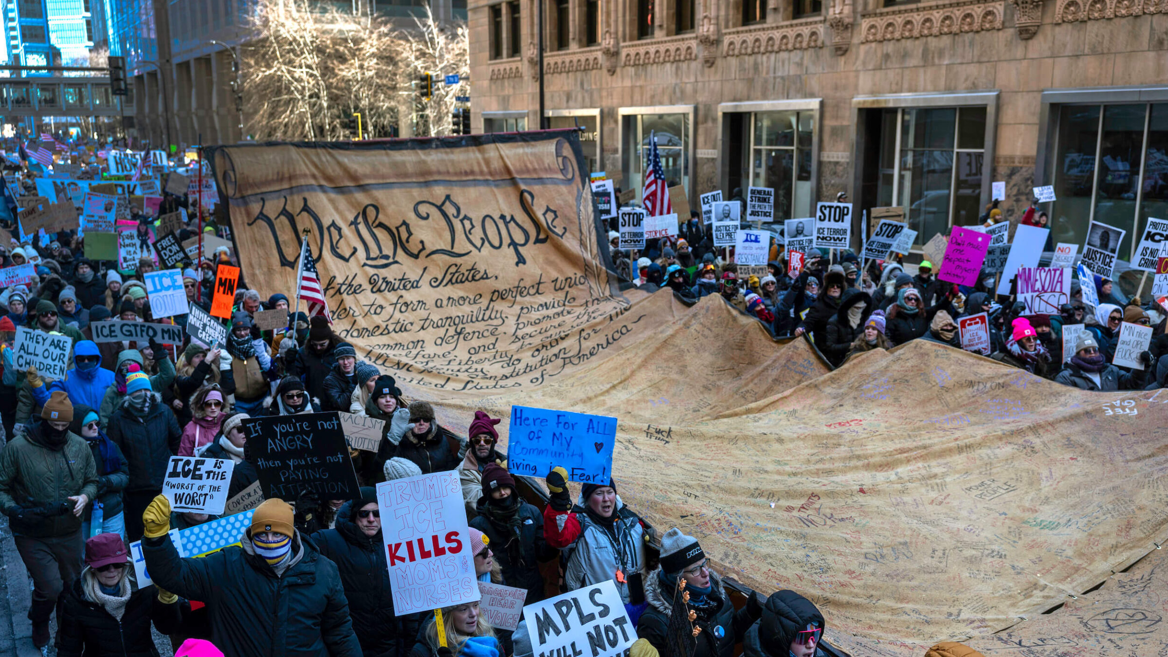 Demonstrators march in protest of ICE in Minnesota on Jan. 30.