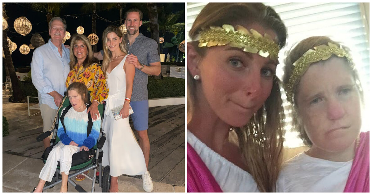 Left tor right: Jim Carpenter, Cindy Carpenter, Chelsea Carpenter Mitchell, and her husband, Andrew Mitchell; Cortney Carpenter is in front. The photo is form the May 2021 wedding of Chelsea and Andrew in Turks and Caicos. At right, the sisters on a 2015 boat trip.
