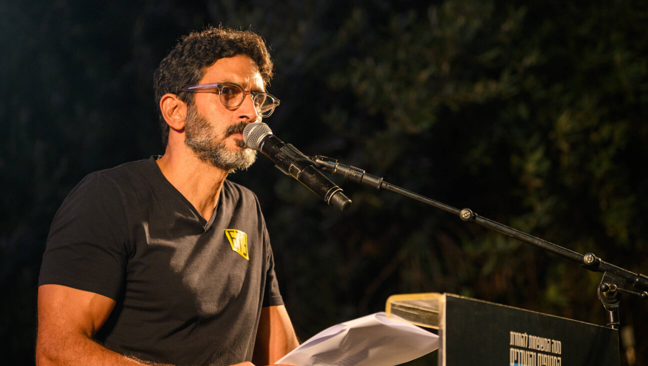 Actor Tsahi Halevi speaks during a "Families of Hostages" rally calling for an end to the war on Aug. 9, 2025 in Tel Aviv, Israel.