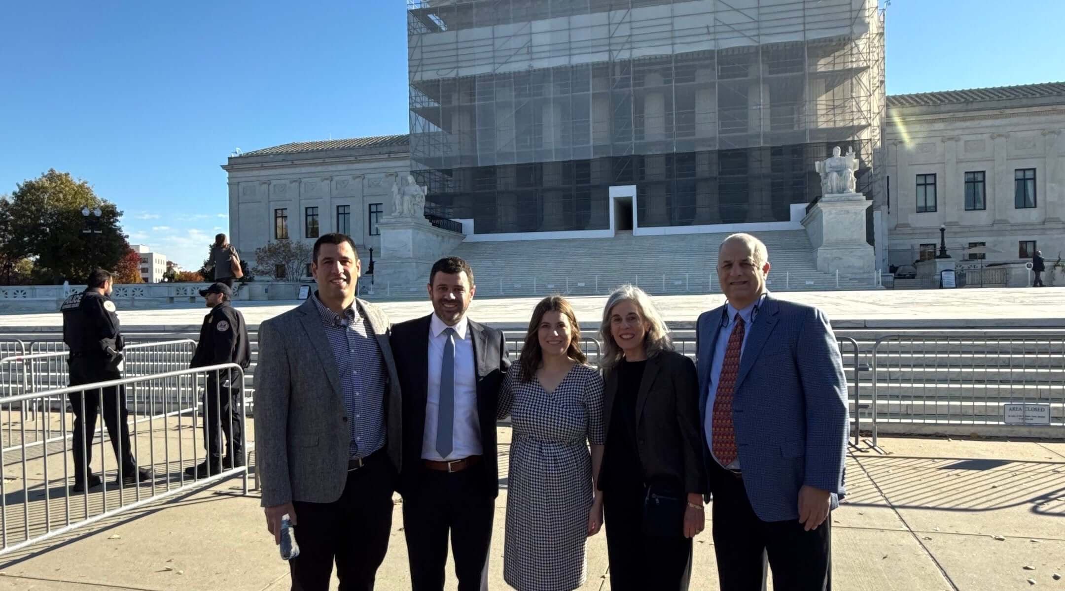From left, Ben Woldenberg, Stephen Woldenberg, Elana Woldenberg Ruffman, Nadine Woldenberg and Rick Woldenberg pose in front of the Supreme Court building in Washington, D.C. 