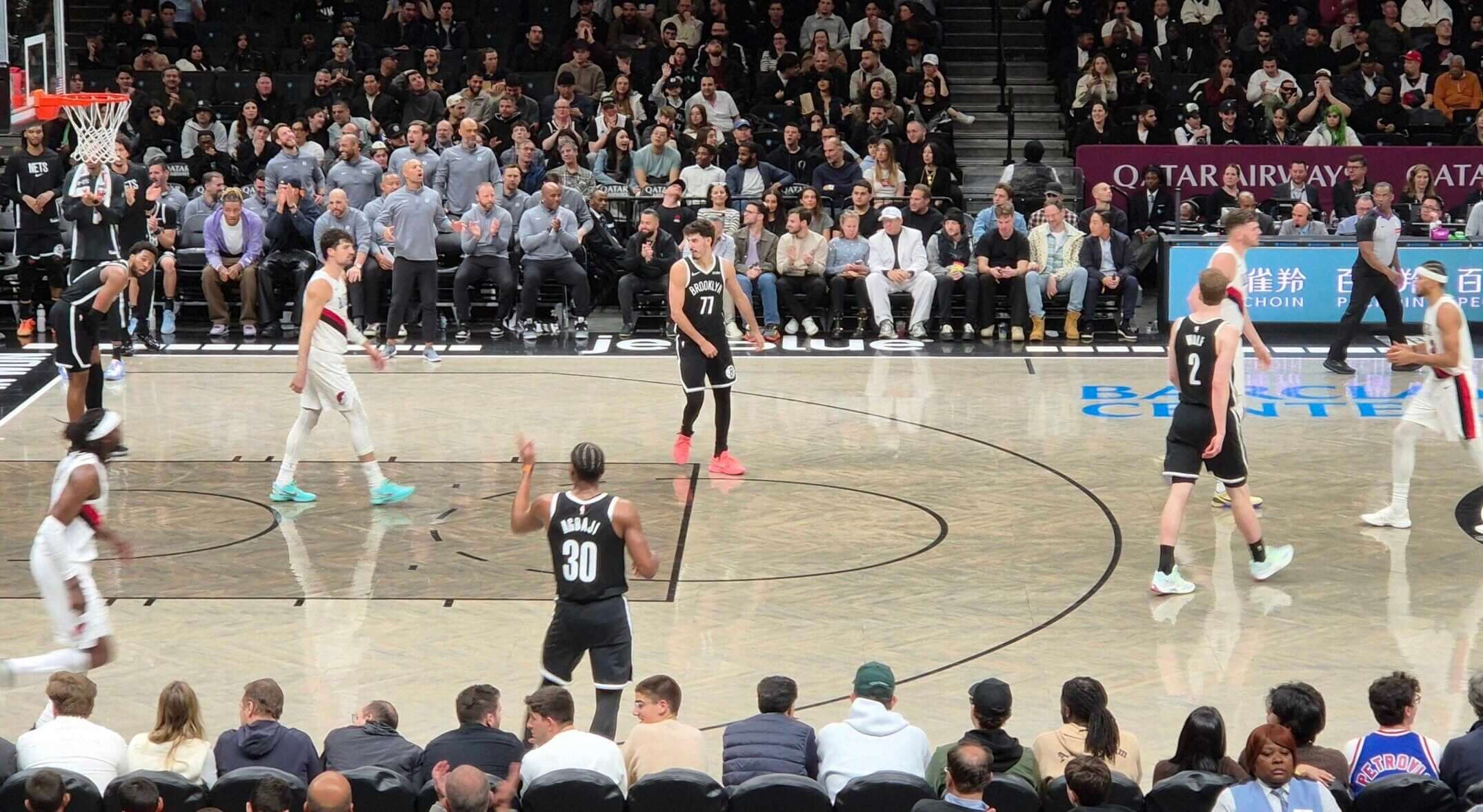 Ben Saraf, Deni Avdija and Danny Wolf share the court during the Portland Trail Blazers-Brooklyn Nets matchup on March 16, 2026. It was the first NBA game to feature three players with Israeli citizenship.