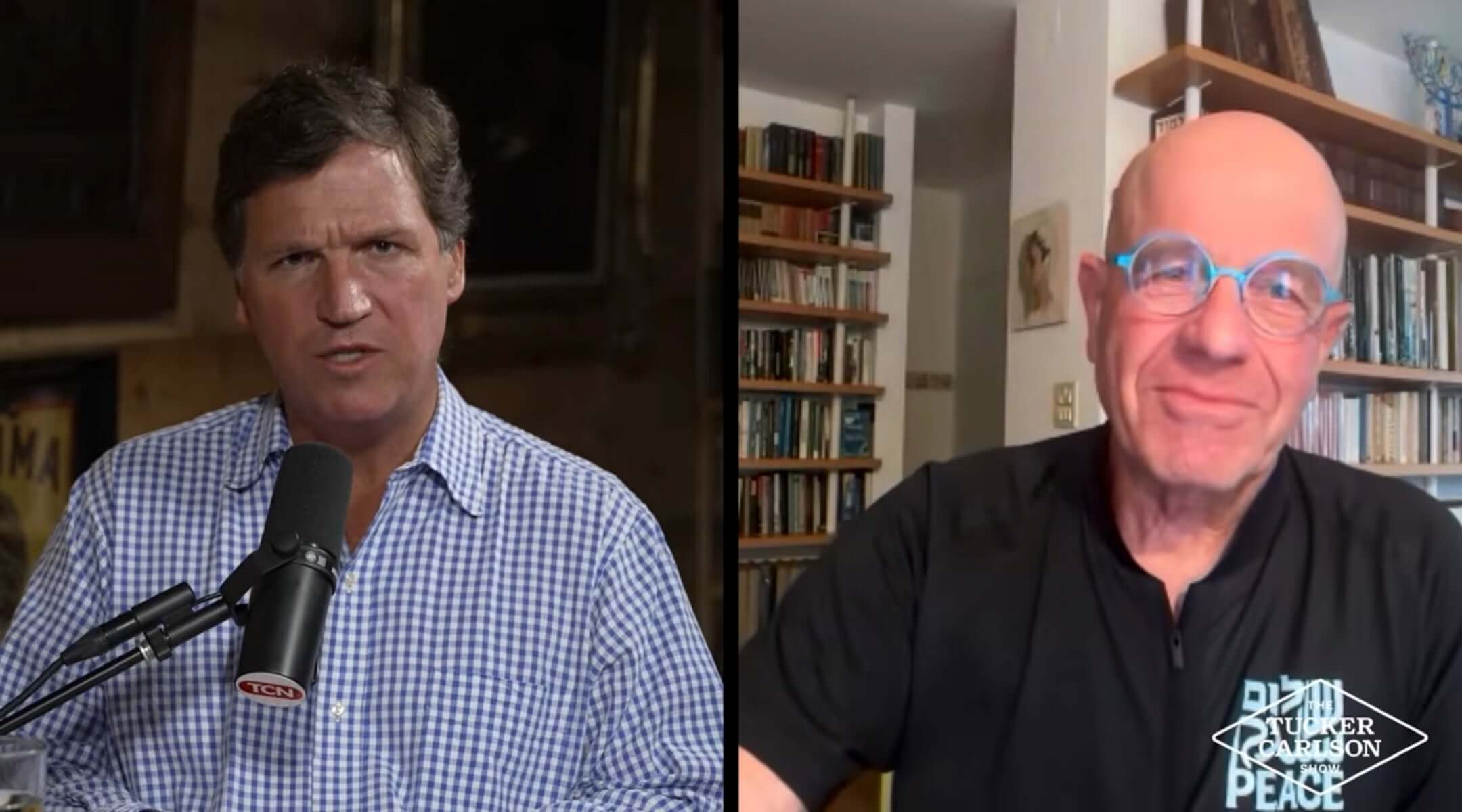 Right-wing pundit Tucker Carlson (l) hosts Israeli leftist, former interim president and former speaker of the Knesset, Avraham Burg, on his program, March 23, 2026.(Screenshot via YouTube)
