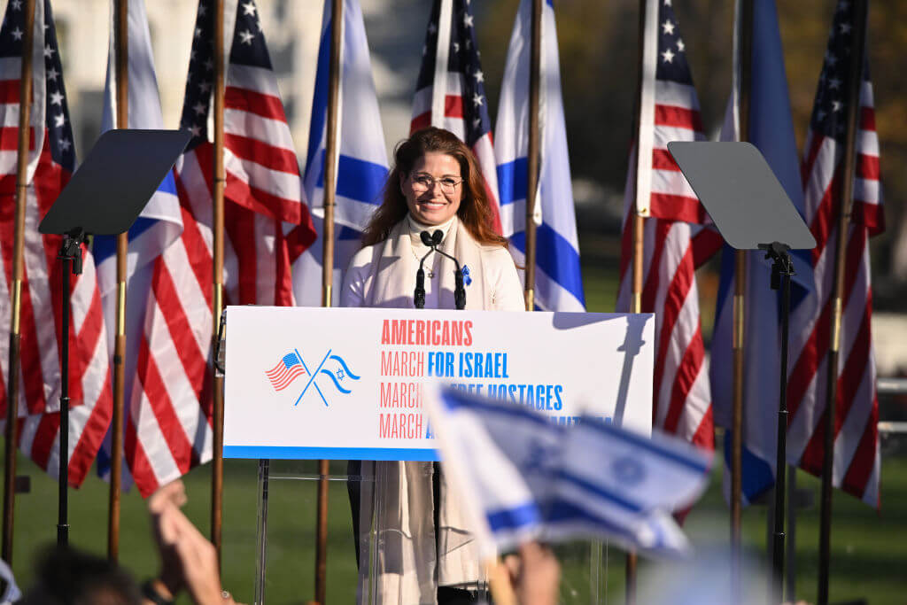 Debra Messing speaks during 'March For Israel' at the National Mall in Washington, D.C., on November 14, 2023.
