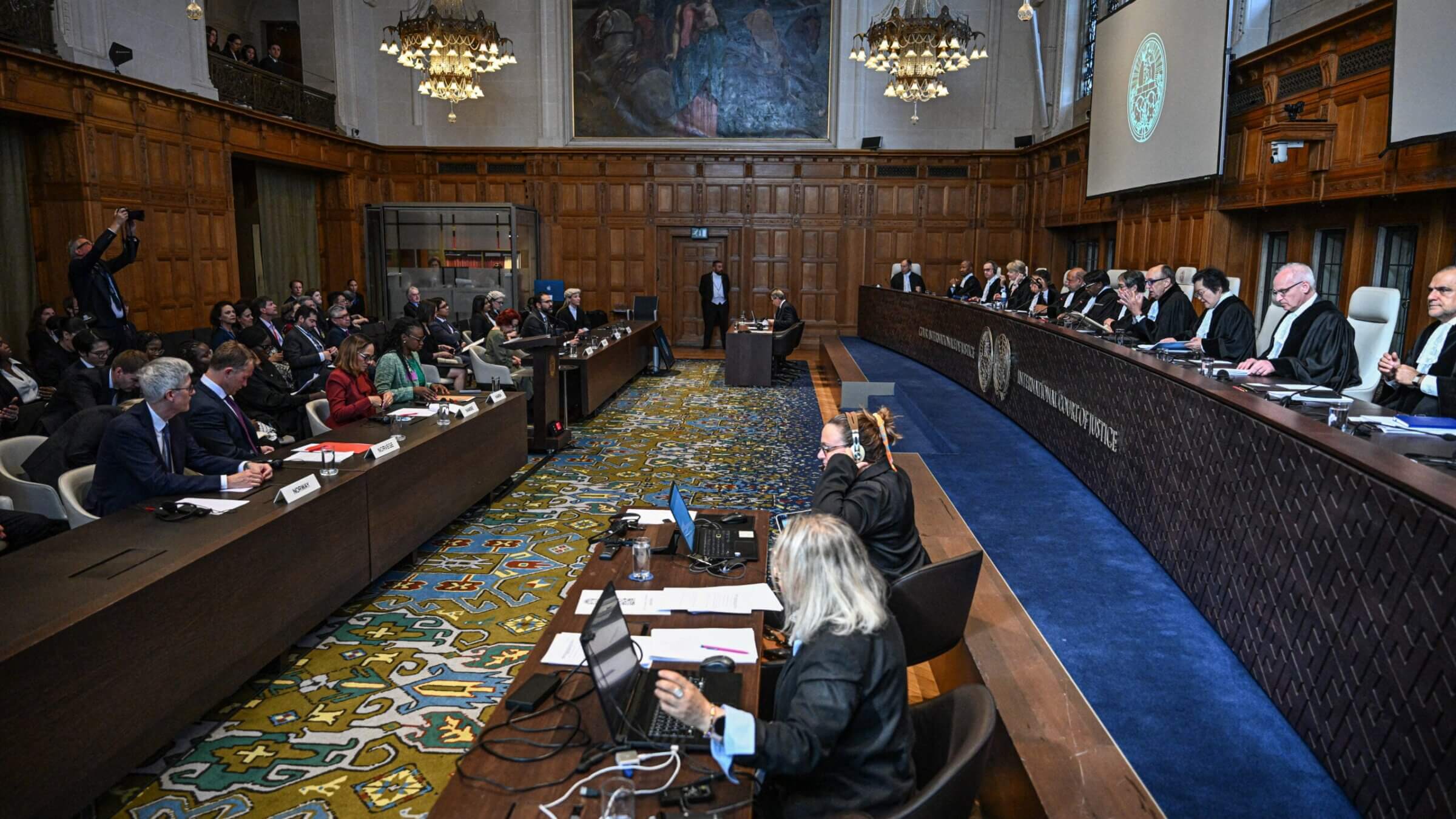 A view from the public hearing at the International Court of Justice case on Israel's humanitarian obligations to Palestinians in Gaza, the Hague, Netherlands, April 29, 2025.