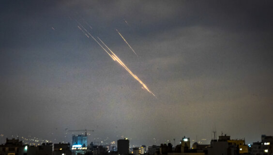 Iranian missiles and Israeli interceptive missiles over Beirut, Lebanon. The laser, had it been used, would have been invisible.