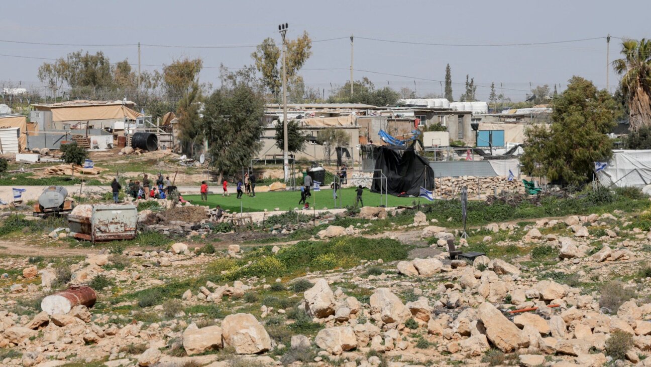 A general view shows the football field and surrounding homes in the village of Umm Al-Khair in Masafer Yatta, south of Hebron, West Bank on Feb. 12, 2026.