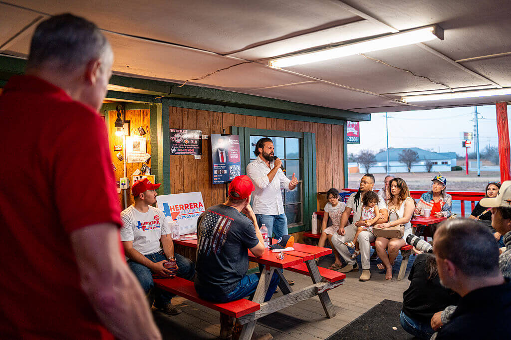 Republican congressional candidate Brandon Herrera speaks during a campaign rally in Texas on February 26.