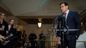 Secretary of State Marco Rubio talks to reporters ahead of briefing the Congressional 'Gang of Eight' on U.S. strikes on Iran, at the U.S. Capitol in Washington, D.C., on March 2, 2026.
