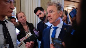 Sen. Rand Paul talks to reporters before heading into the Senate Chamber to vote at the U.S. Capitol on March 4, 2026 in Washington, D.C.