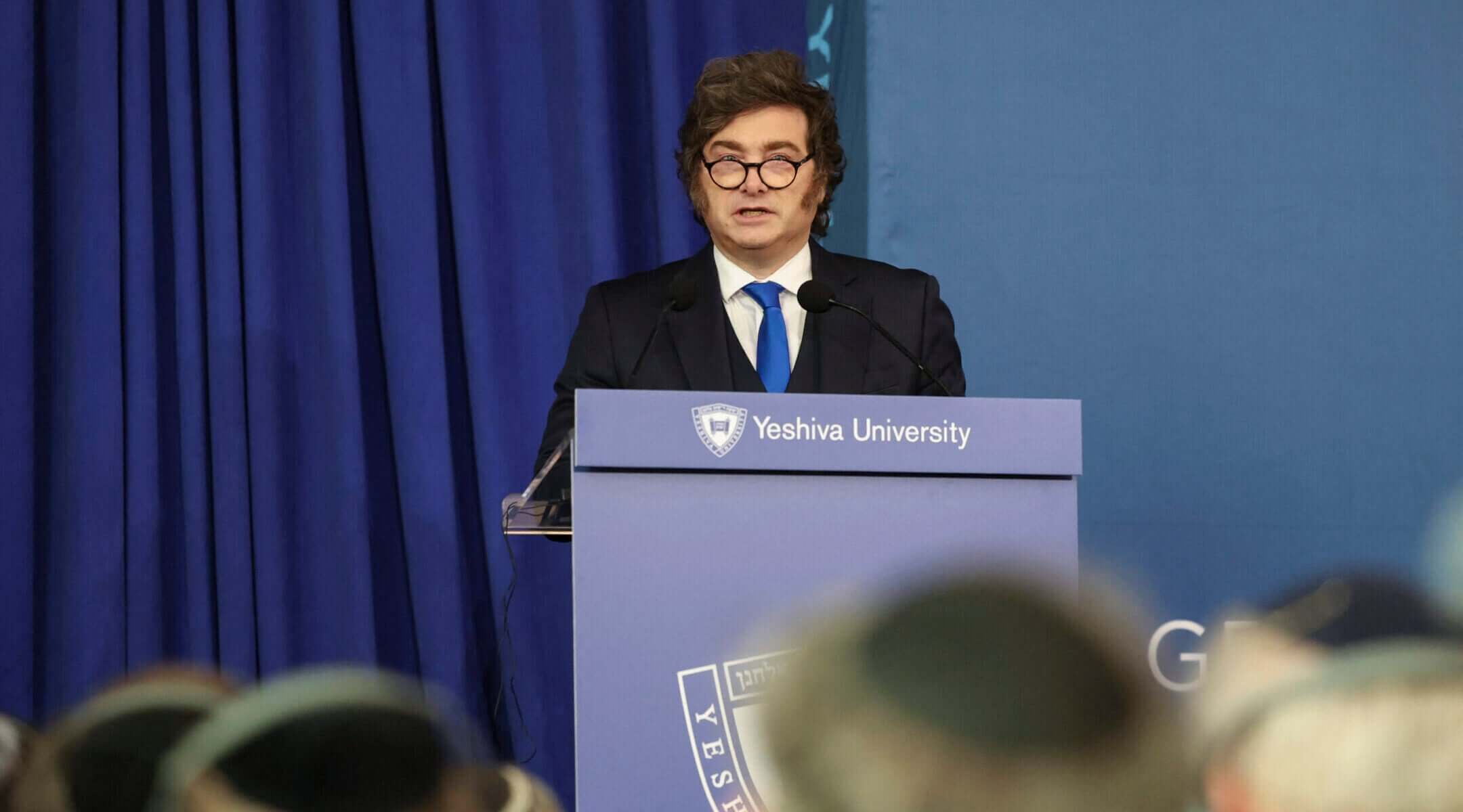 Argentina’s President Javier Milei speaks with Yeshiva University President Rabbi Ari Berman as part of the university’s “Great Conversations” series during an “Argentina Week” discussion focusing on global economic leadership and voicing support for the State of Israel on March 9, 2026 in New York City. (Angela Weiss / AFP via Getty Images)