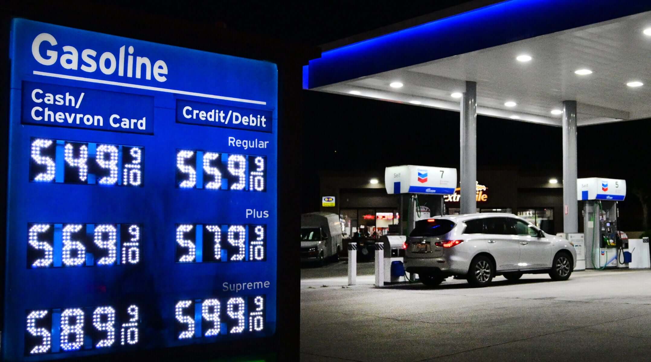 High gas prices are listed at Chevron gas station in Los Angeles on March 9, 2026, as gasoline prices surge amid the ongoing war with Iran.