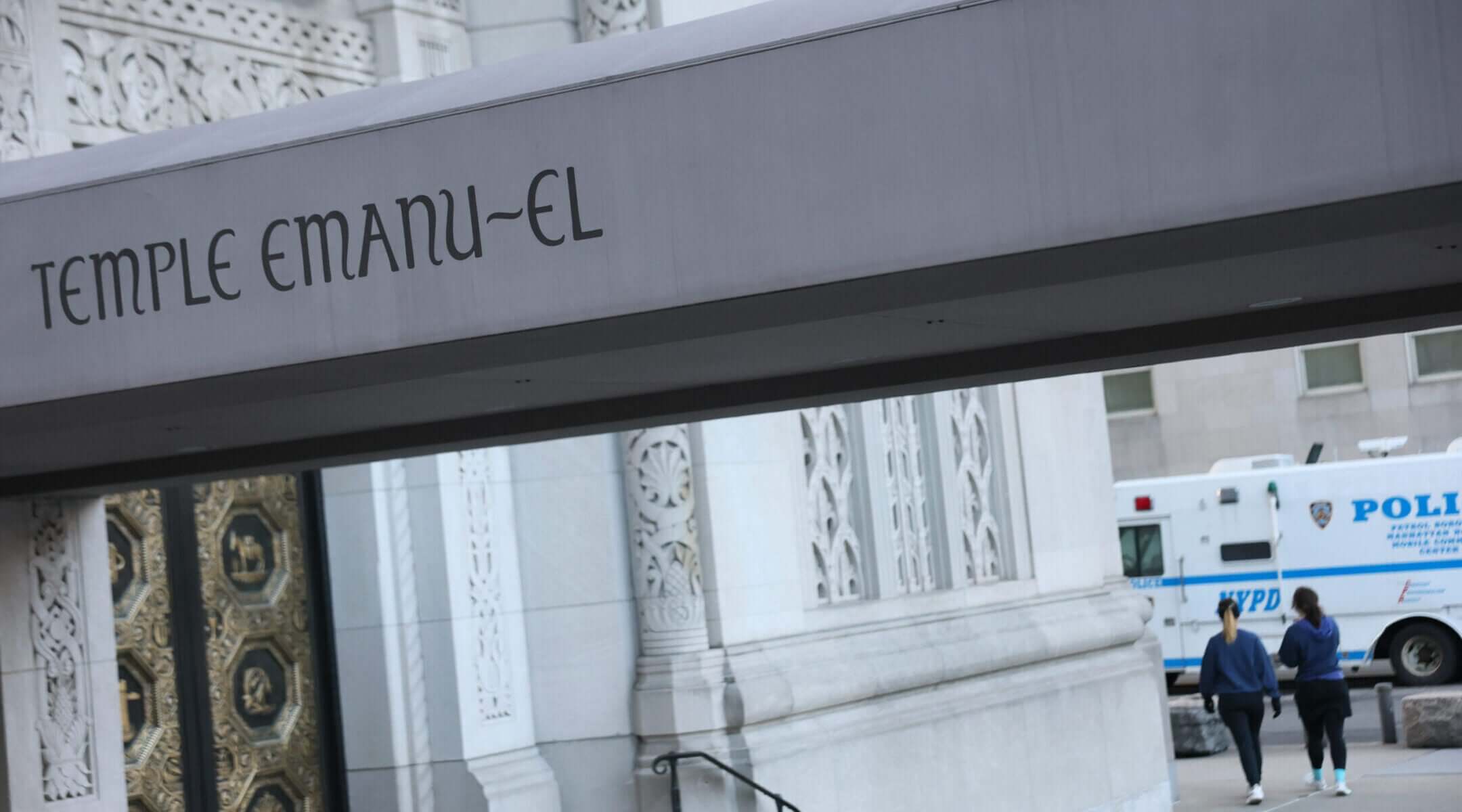 NYPD Mobile Command Center trucks are stationed near Temple Emanu-El on March 13, 2026 in New York City.