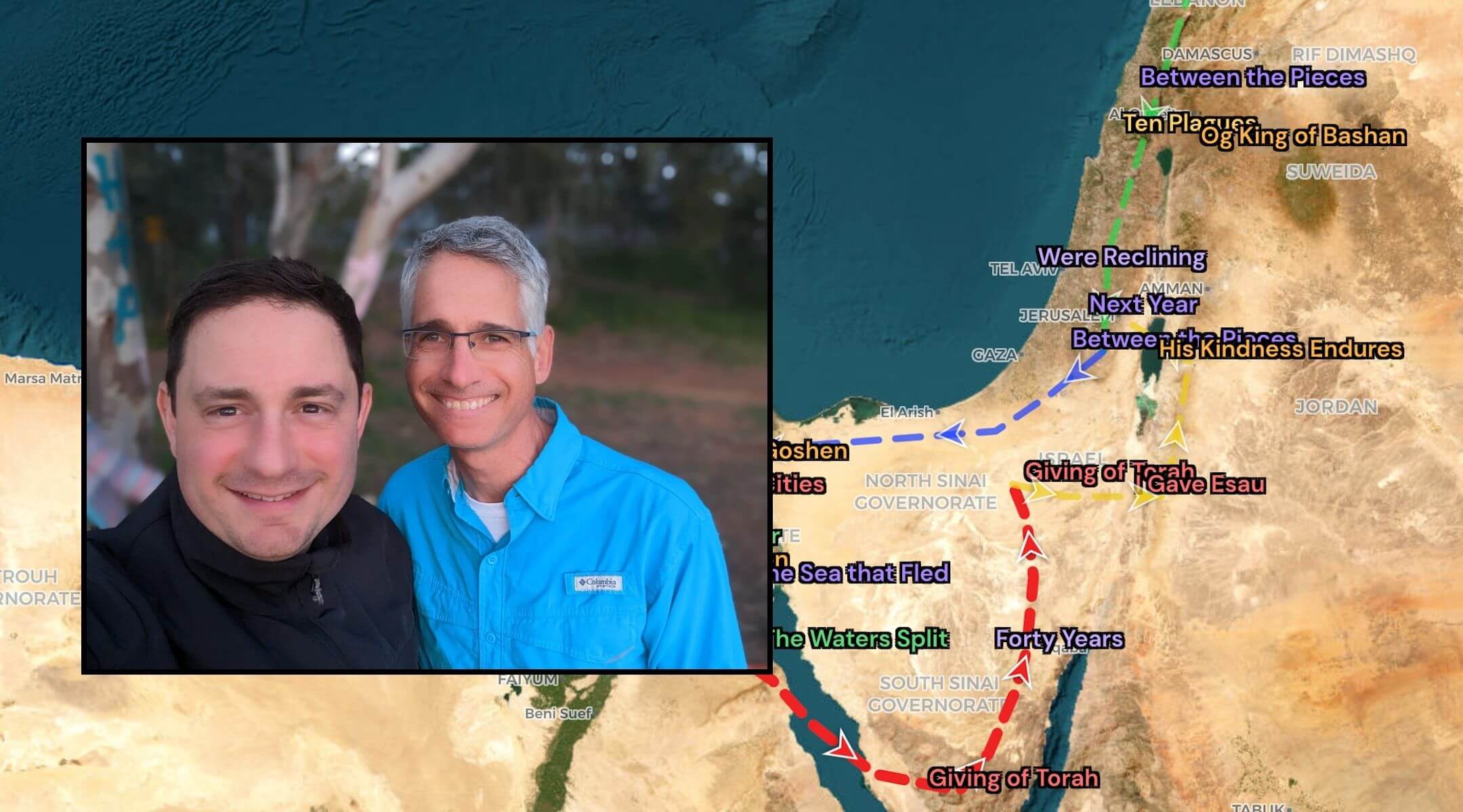 Alon Gildoni, left, and Ron Milo are the creators of “Haggadah on the Map,” which traces the Israelites’ journey as recounted in the Passover story. (Courtesy Alon Gildoni)