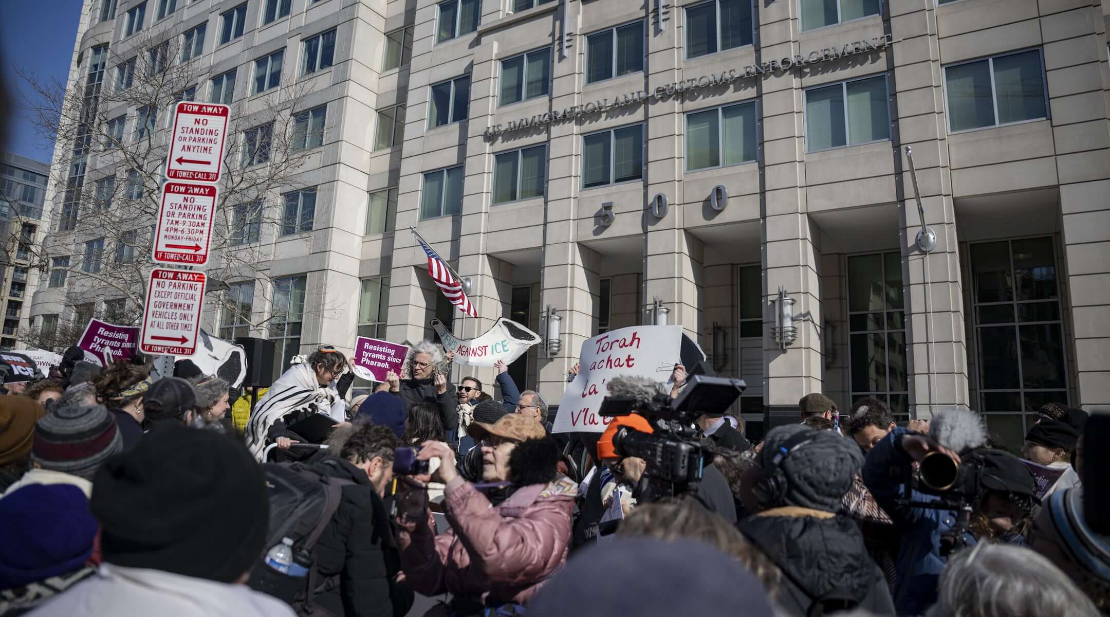 A protest organized by a large number of Jewish groups gather for a rally outside the Immigration and Customs Enforcement (ICE) Headquarters to protest ICE raids and arrests in Washington, D.C., on Feb. 11, 2026. (Celal Gunes/Anadolu via Getty Images)