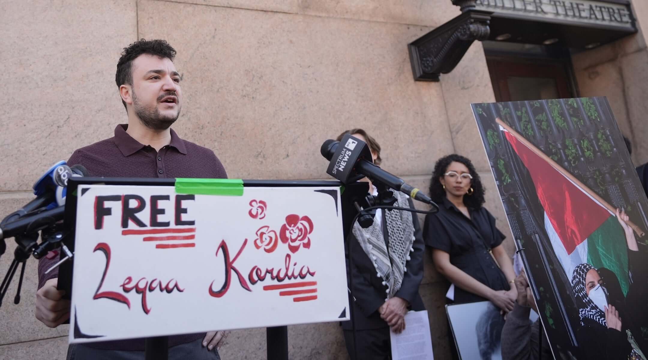 Columbia students, professors, and supporters gather in front of the University’s gates to rally in support of Mahmoud Khalil, Leqaa Kordia, and the numerous other community members who have been unlawfully detained by ICE, often with support from the Columbia administration, in New York City, United States, on March 09, 2026. (Selcuk Acar/Anadolu via Getty Images)