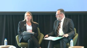 (L-r) Andrea Lucas, chair of the federal Equal Employment Opportunity Commission, speaks with Brandeis Center founder Kenneth Marcus at an antisemitism conference held at Harvard University in Cambridge, Massachusetts, April 16, 2026. (Screenshot)