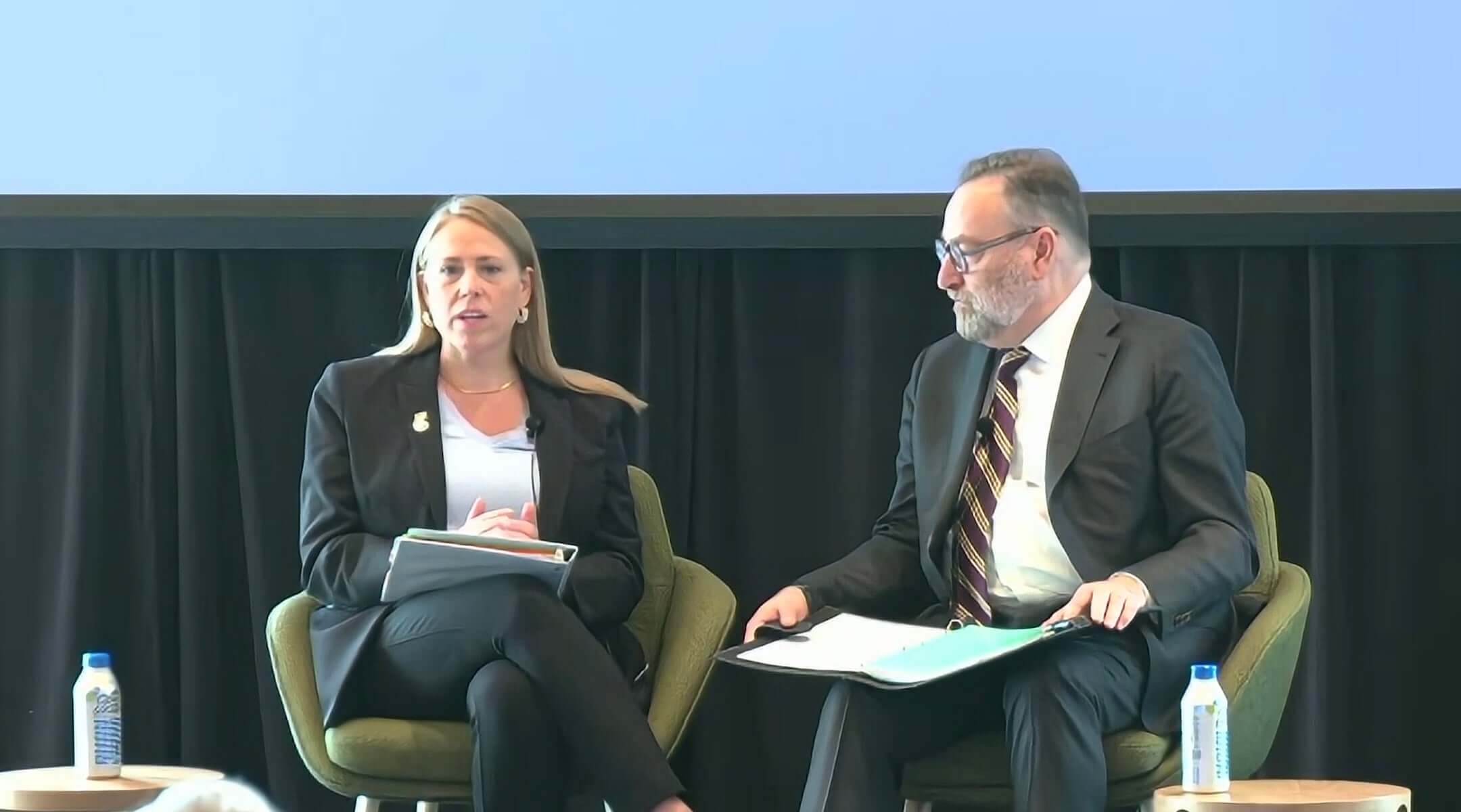 (L-r) Andrea Lucas, chair of the federal Equal Employment Opportunity Commission, speaks with Brandeis Center founder Kenneth Marcus at an antisemitism conference held at Harvard University in Cambridge, Massachusetts, April 16, 2026. (Screenshot)