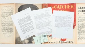 Correspondence between J.D. Salinger and his editor referring to his Jewish and Irish heritage, for sale by Peter Harrington Books, overlaid on top of the book jacket for Salinger’s novel, “The Catcher in the Rye”. (Images Courtesy Peter Harrington London)