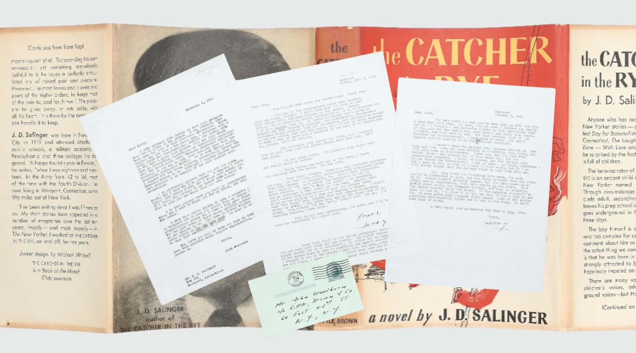 Correspondence between J.D. Salinger and his editor referring to his Jewish and Irish heritage, for sale by Peter Harrington Books, overlaid on top of the book jacket for Salinger’s novel, “The Catcher in the Rye”. (Images Courtesy Peter Harrington London)