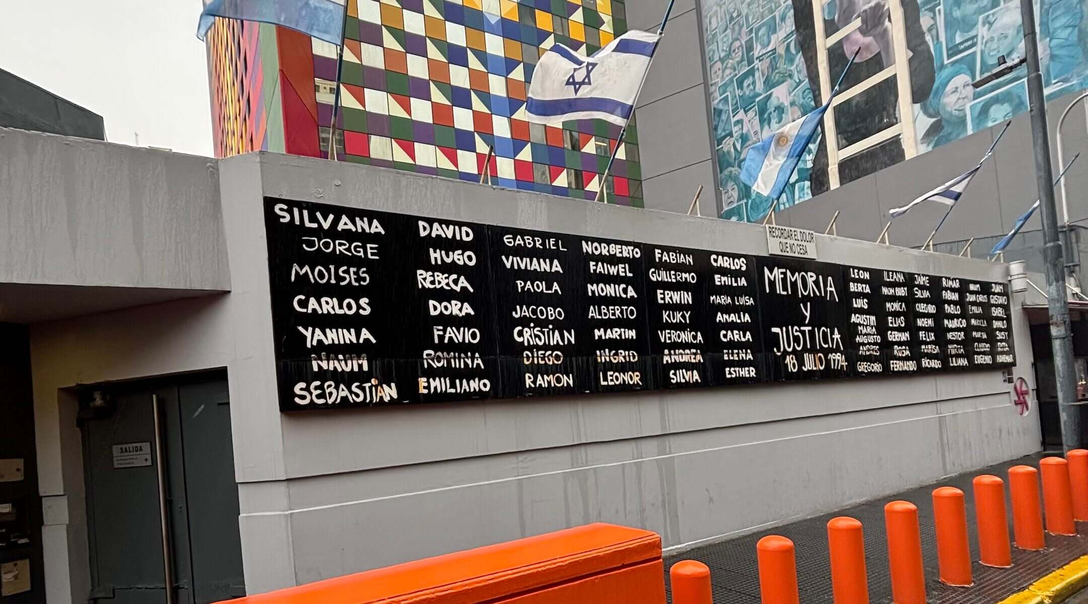 Names of those killed in the 1994 attack on the AMIA Jewish center, which left 85 dead and 300 injured, mark the front of the AMIA Center in Argentina.
