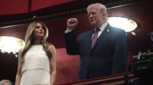 President Donald Trump and first lady Melania Trump arrive at the Opera House of the Kennedy Center for the opening night performance of the musical "Chicago" on March 31, 2026 in Washington, D.C.