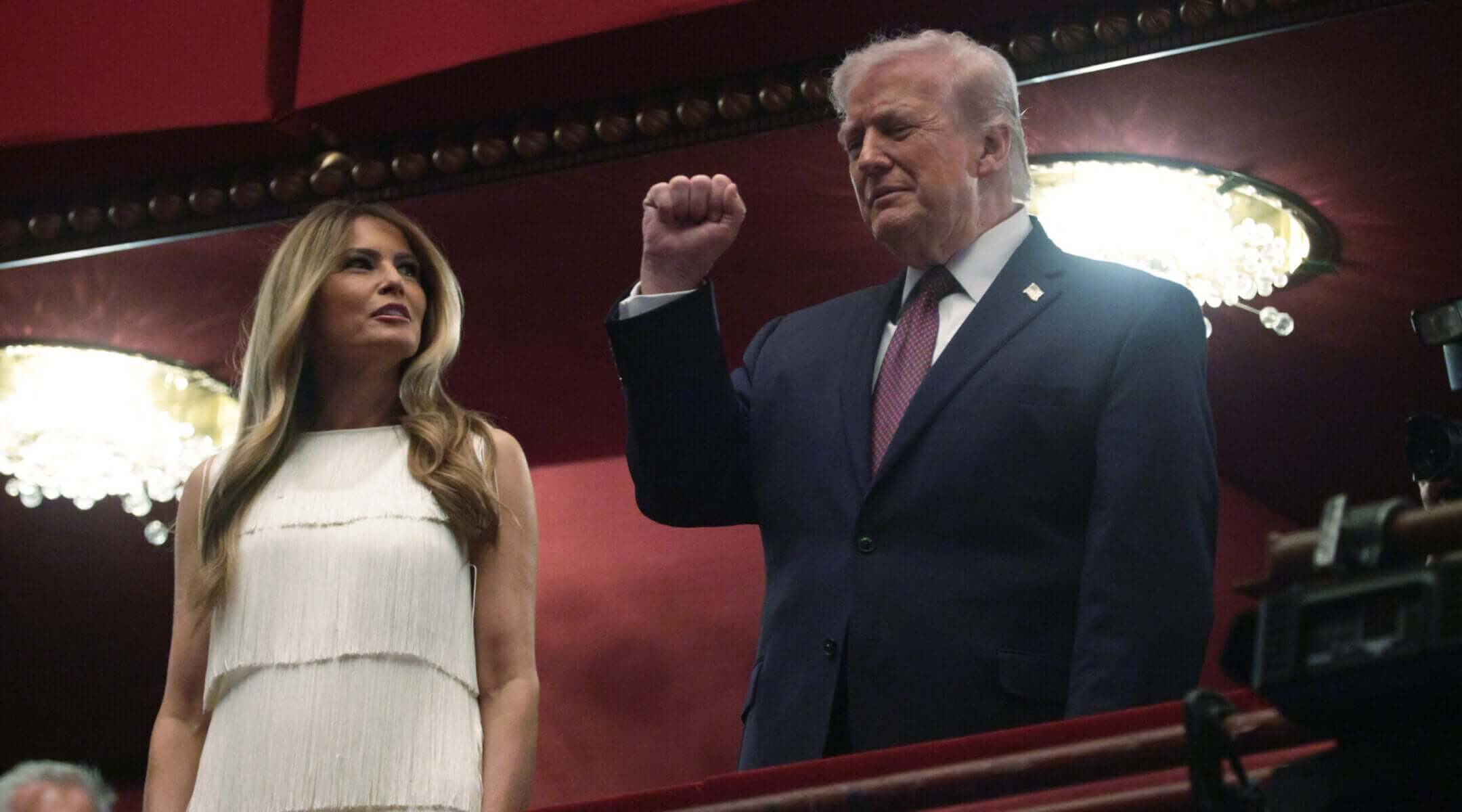 President Donald Trump and first lady Melania Trump arrive at the Opera House of the Kennedy Center for the opening night performance of the musical "Chicago" on March 31, 2026 in Washington, D.C.