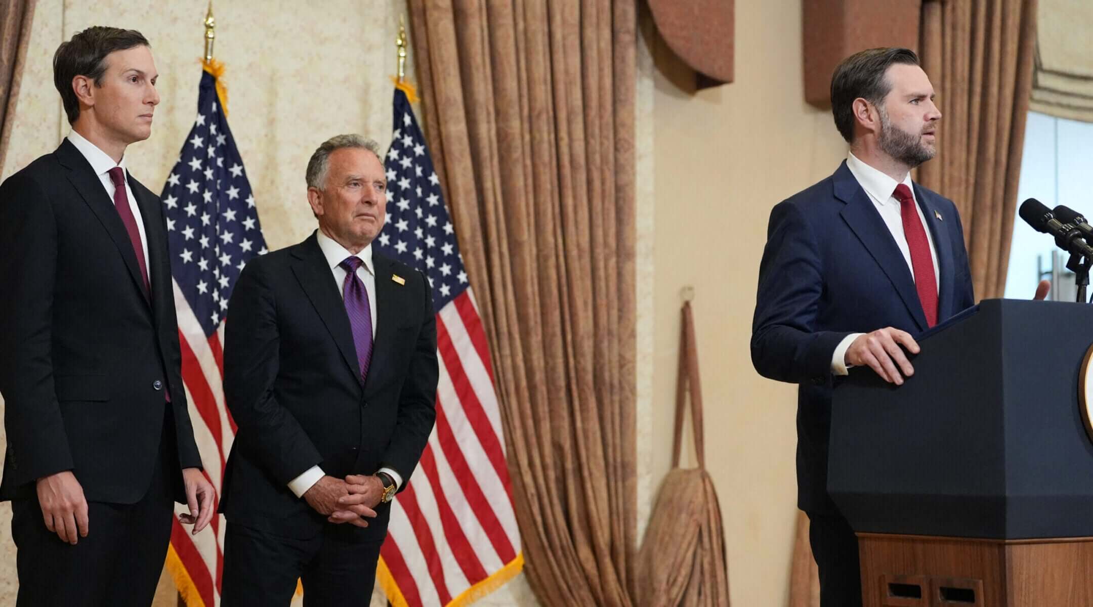 US Vice President JD Vance speaks during a news conference after meeting with representatives from Pakistan and Iran, as US President Donald Trump’s son-in-law Jared Kushner (L) and US Special Envoy to the Middle East Steve Witkoff (C) watch, in Islamabad on April 12, 2026. (Jacquelyn Martin / Pool / AFP via Getty Images)