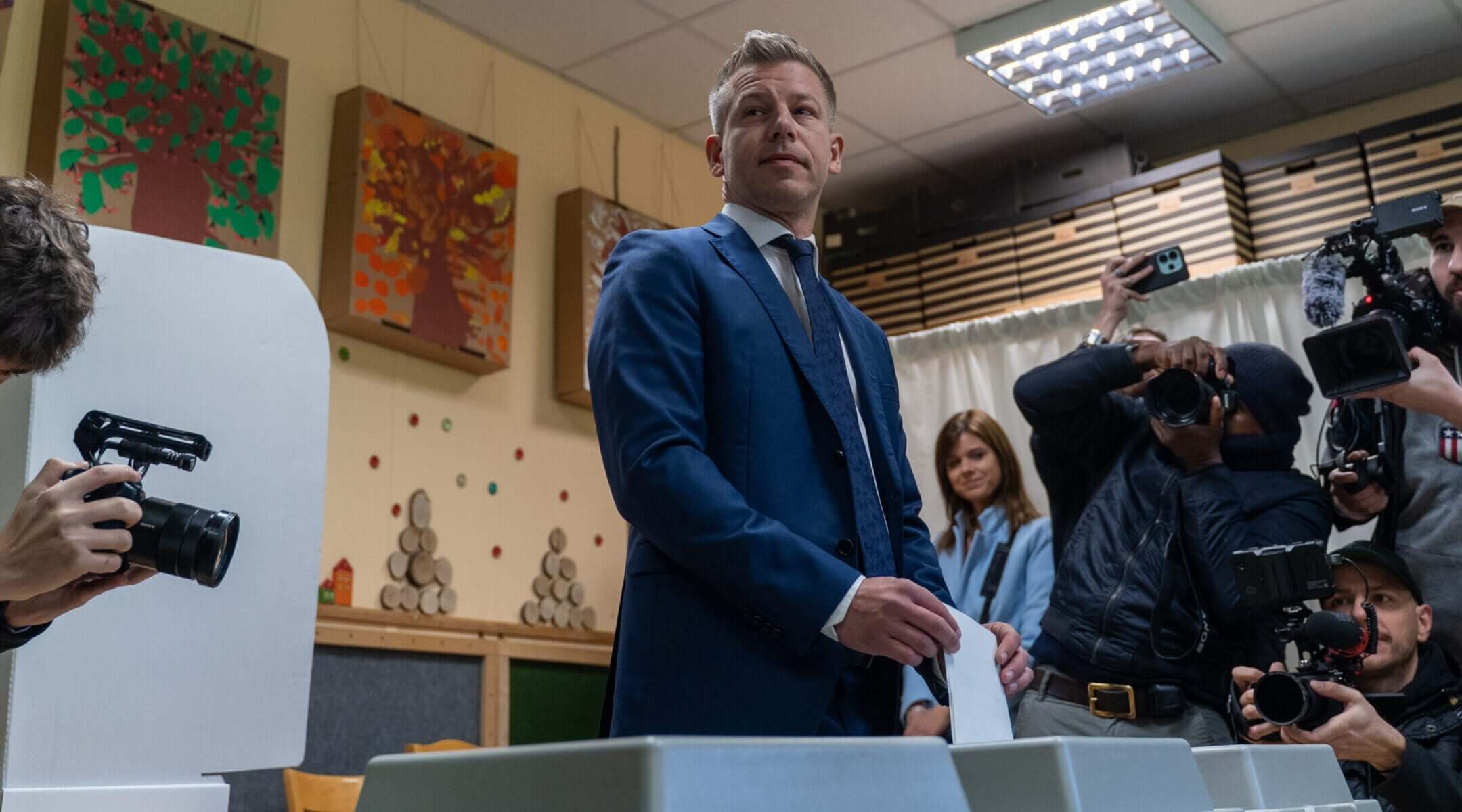 Peter Magyar, lead candidate of the Tisza party, casts his vote in Hungarian parliamentary elections at a polling station in Budapest, Hungary, on April 12, 2026. (Marek Antoni Iwanczuk/NurPhoto via Getty Images)