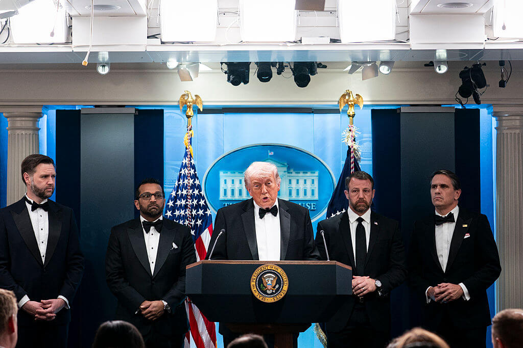 President Donald Trump speaks while joined by U.S. Vice President J.D. Vance, from left, Kash Patel, director of the Federal Bureau of Investigation (FBI), Homeland Security Secretary Markwayne Mullin, and Todd Blanche, acting U.S. attorney general, during a press conference at the White House on April 25, 2026.