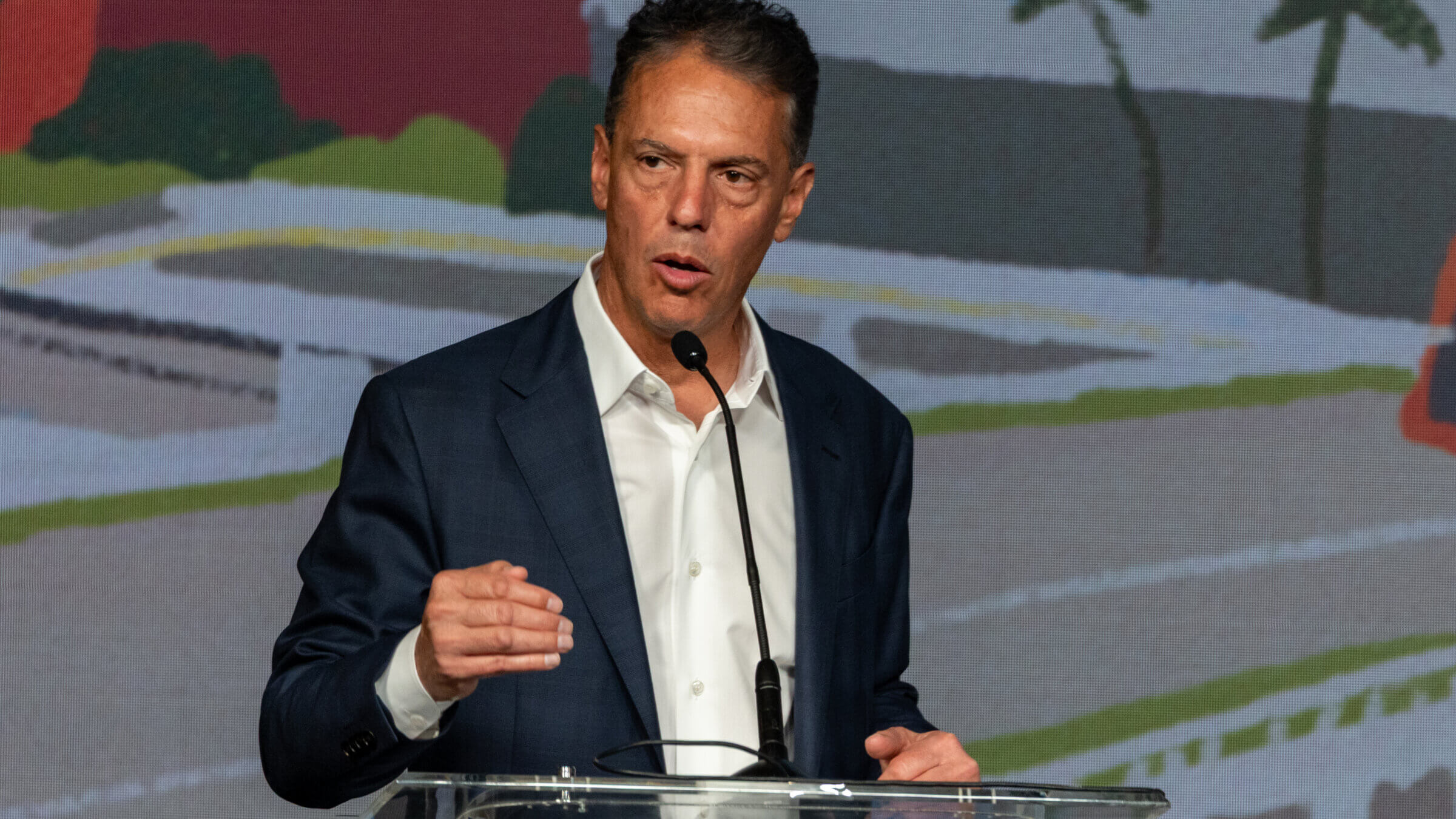 Nonprofit founder and tech executive Adam Miller at a debate among candidates for LA mayor, March 23, 2026. 