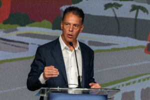 Nonprofit founder and tech executive Adam Miller at a debate among candidates for LA mayor, March 23, 2026. 