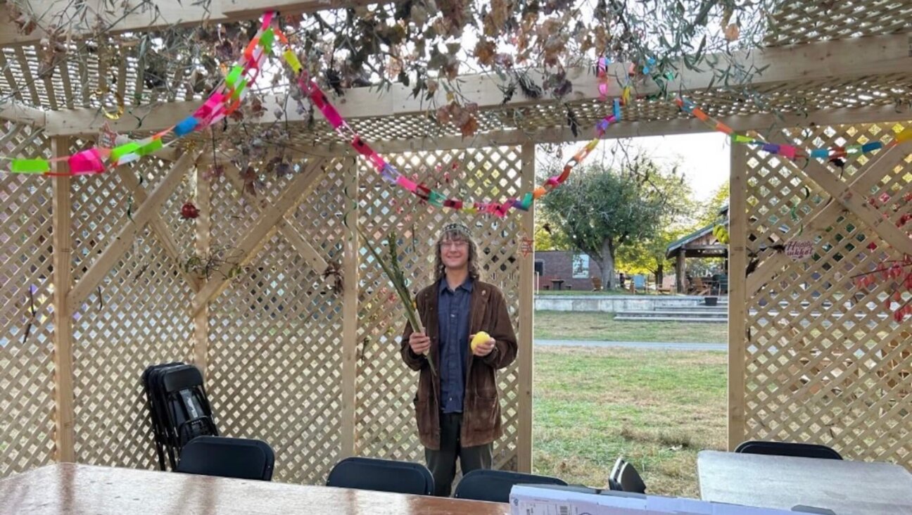 A student in a sukkah at Hampshire College. 