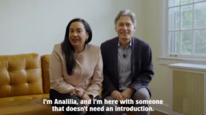 Analilia Mejia (left) appears alongside Tom Malinowski (right) in a video announcing his support for her candidacy in the upcoming special election, Apr. 9, 2026.