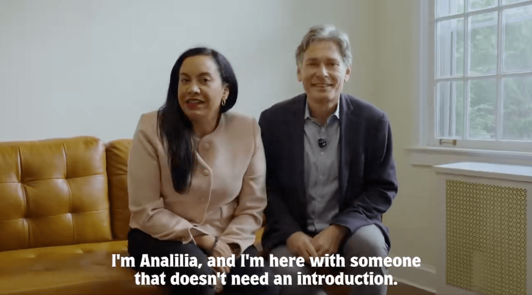 Analilia Mejia (left) appears alongside Tom Malinowski (right) in a video announcing his support for her candidacy in the upcoming special election, Apr. 9, 2026.