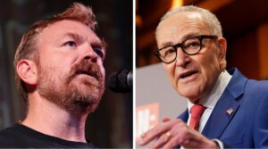 (R to L) Senate Minority Leader Chuck Schumer and Graham Platner, a Senate candidate from Maine. 