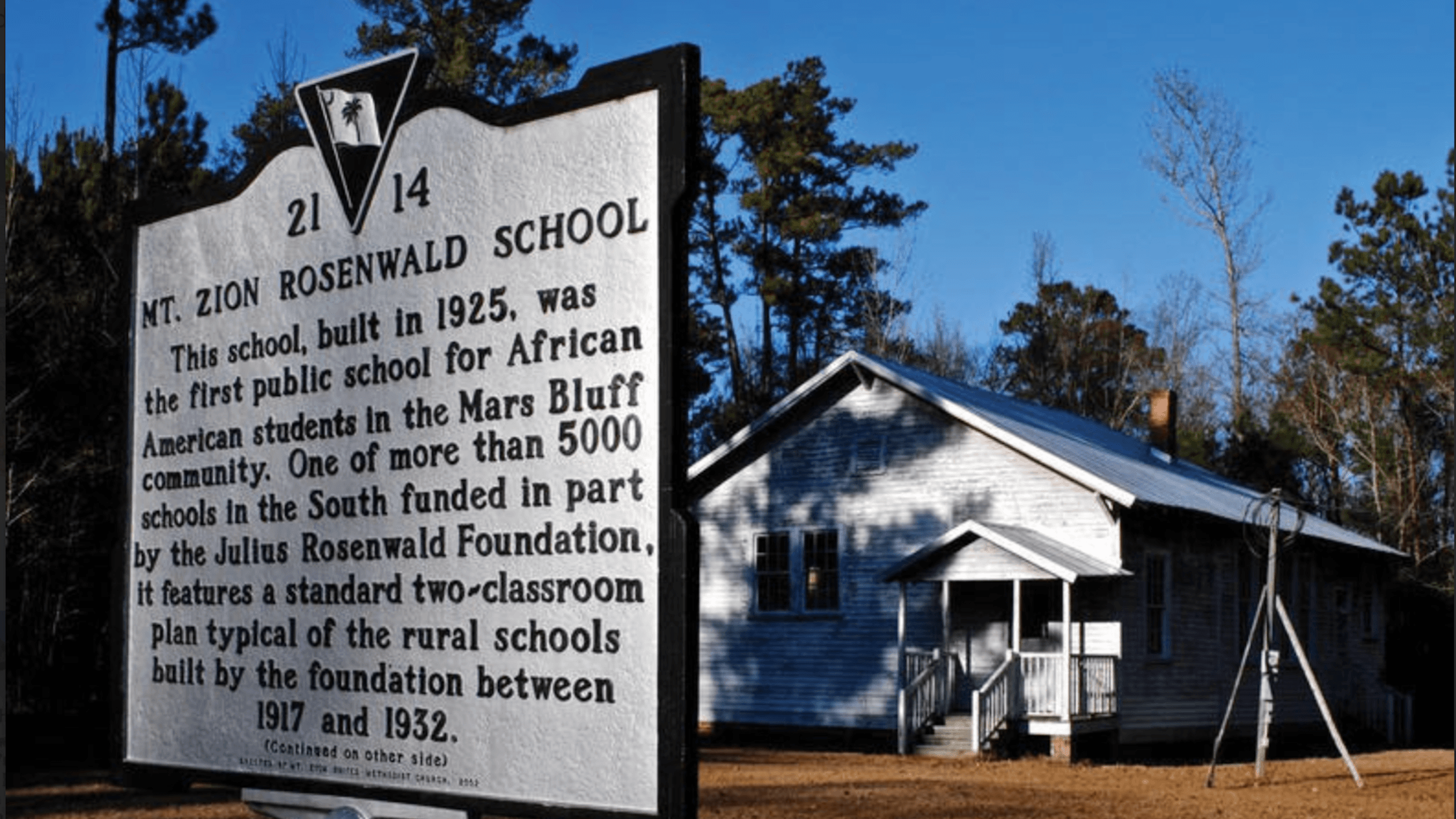 A sign outside the Mt. Zion Rosenwald School in  Florence, South Carolina. 
