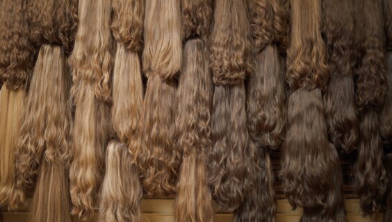 A wall of sheitels in the documentary.