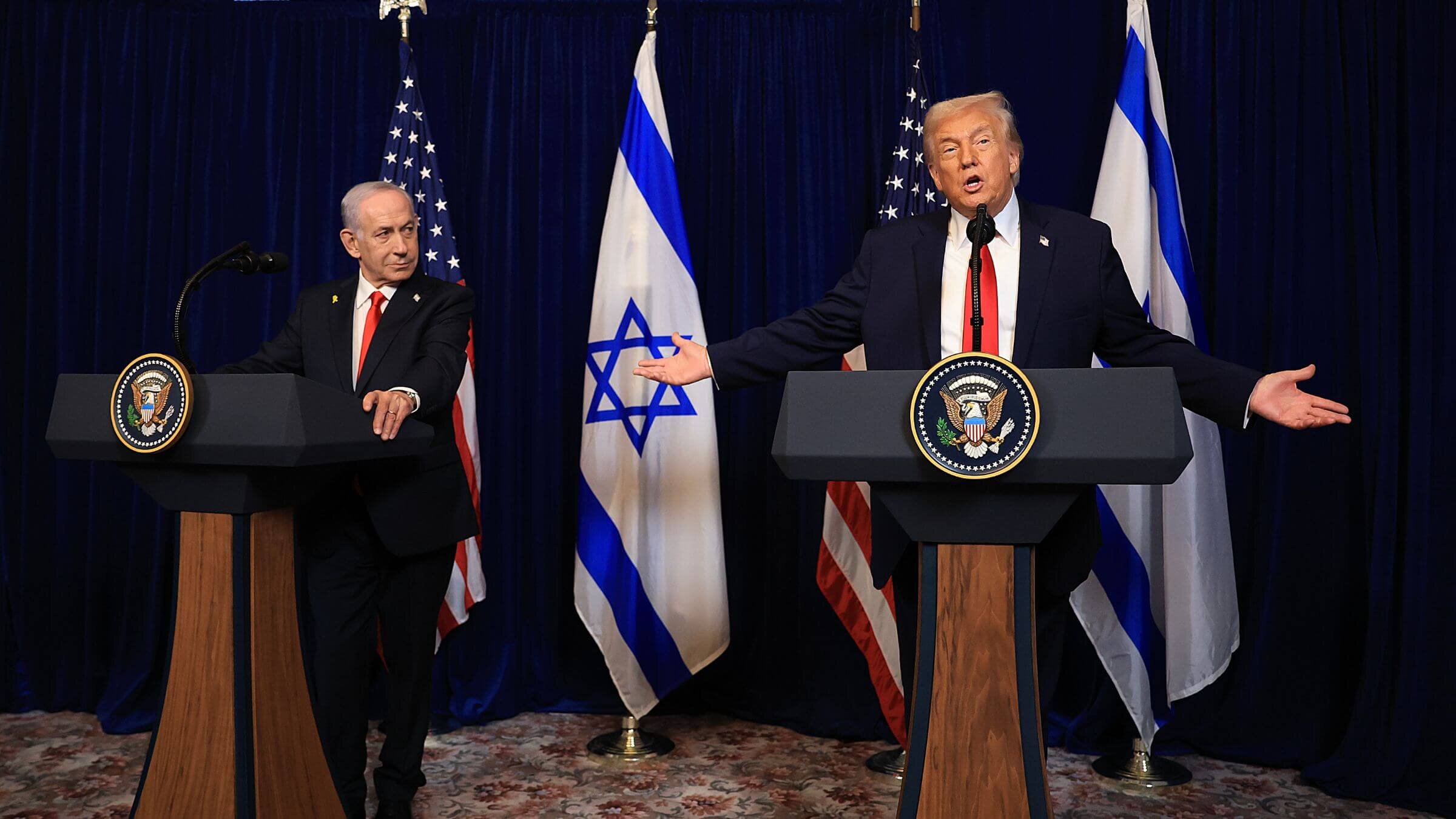 PALM BEACH, FLORIDA - DECEMBER 29: U.S. President Donald Trump holds a press conference with Israeli Prime Minister Benjamin Netanyahu at his Mar-a-Lago club on December 29, 2025 in Palm Beach, Florida. 