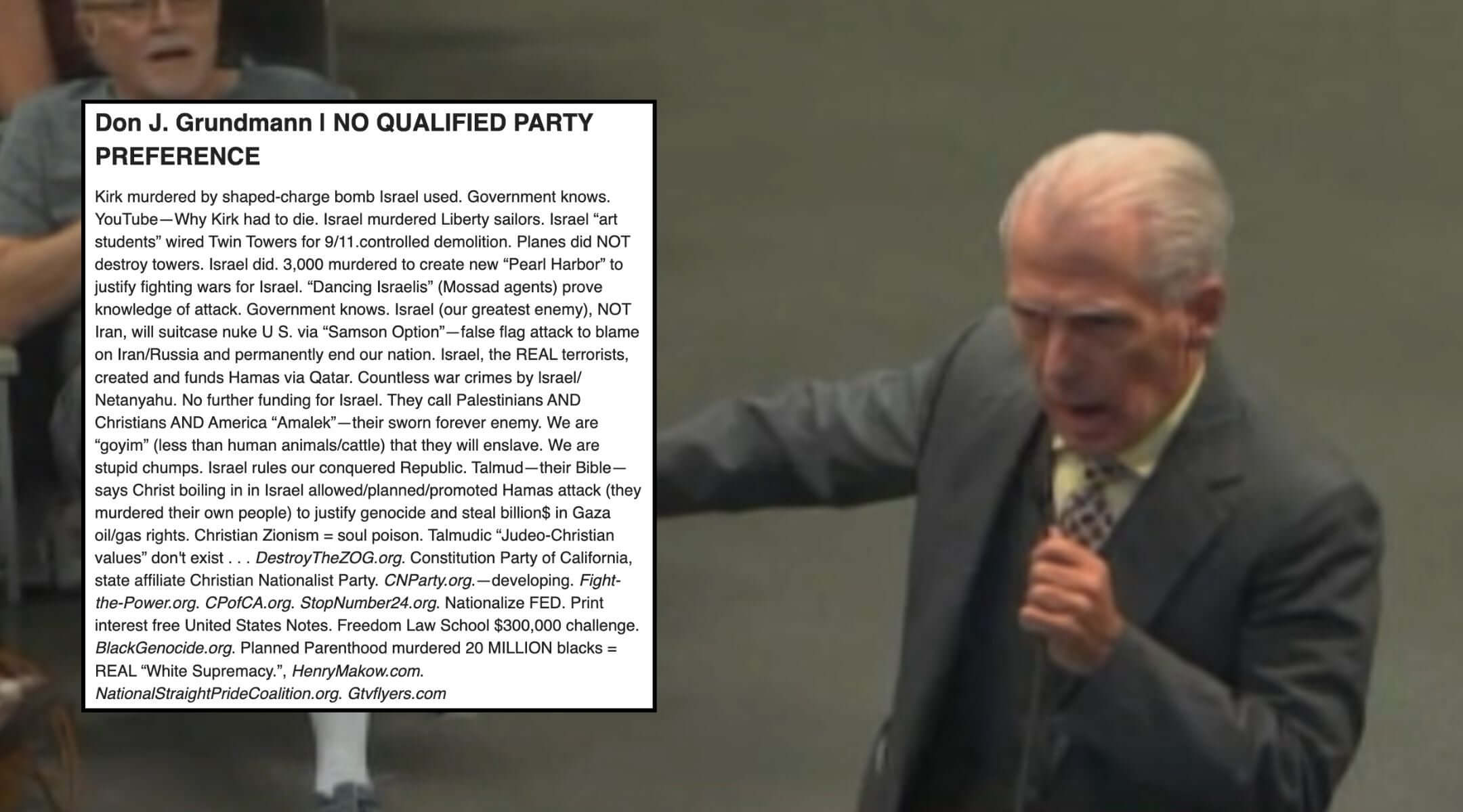 A photo of Don Grundmann, founder and director of the National Straight Pride Coalition, speaking at a Modesto City Council meeting in 2019. (Screenshot)