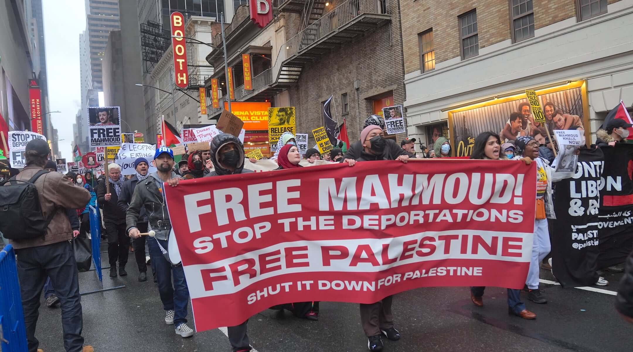 Pro-Palestinian New Yorkers gather in Times Square and demand the release of Mahmoud Khalil, Badar Khan Suri, Rumeysa Ozturk, Yunseo Chung, and others on Saturday, April 12, 2025, just a day after an immigration judge in Louisiana ruled that the Trump administration can deport him. (Selcuk Acar/Anadolu via Getty Images)