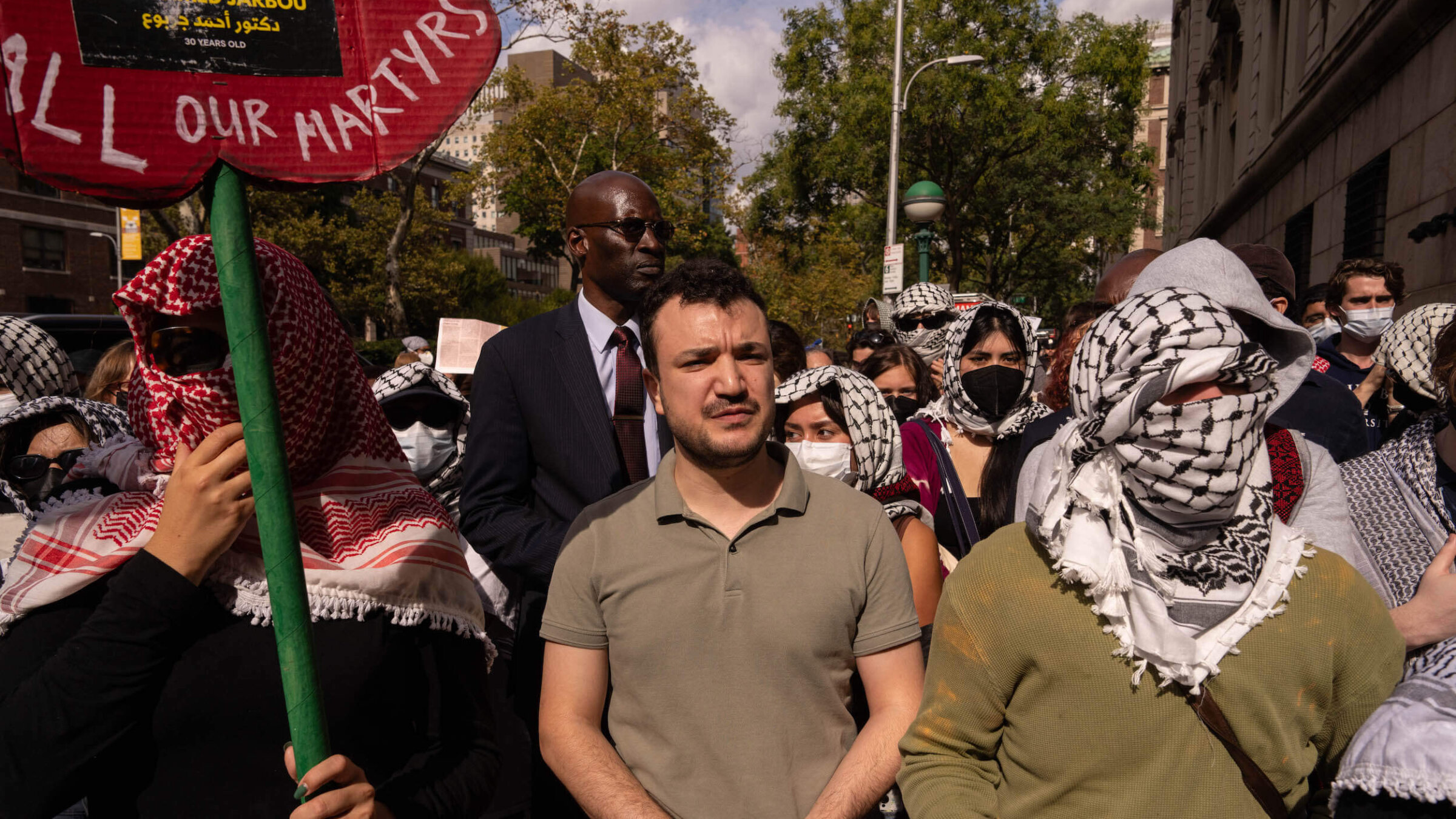 Mahmoud Khalil attends a vigil and protest for Palestine outside of Columbia University on Oct. 7, 2025 in New York City.