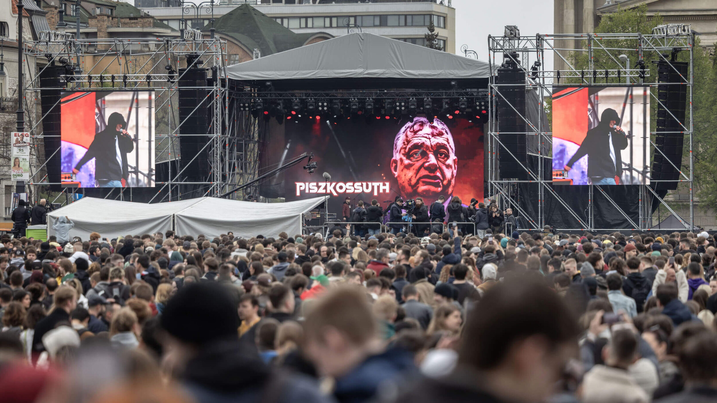 A screen shows Hungarian Prime Minister Viktor Orbán's face during an anti-government concert two days ahead of parliamentary elections in Budapest, Hungary on April 10.